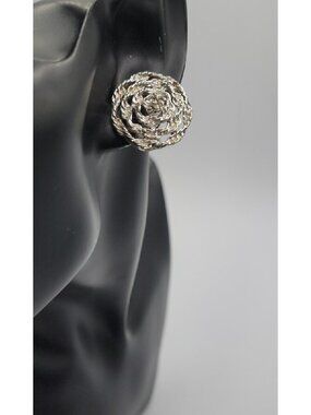 Vintage Lisner Chain Design Greek Key Floral Clip-On Earrings Silver-Tone 1960s